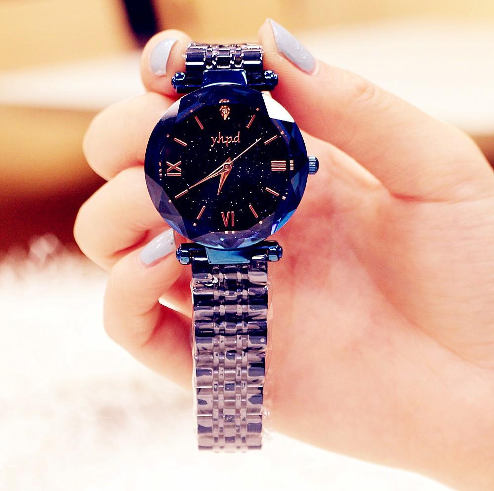 Đồng hồ nữ dây kim loại xanh mặt tròn đen sành điệu ĐHĐ14604
