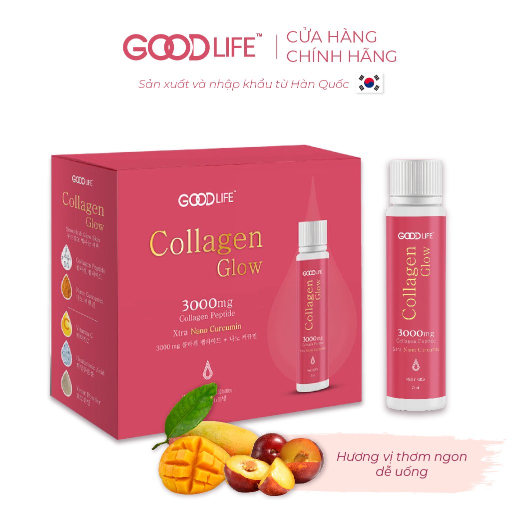 Combo 3 hộp nước uống GOODLIFE COLLAGEN GLOW 3000mg -kết hợp độc đáo Nano Curcumin (tinh bột nghệ) và Vitamin C (10 ống)