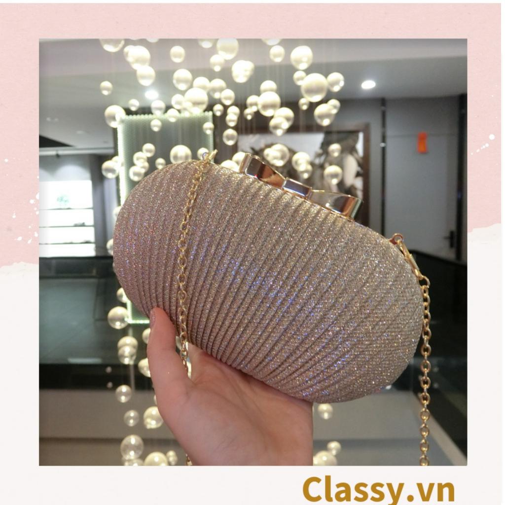 Clutch Classy cầm tay đi tiệc màu be hình bầu dục , đính đá sequin lấp lánh T589