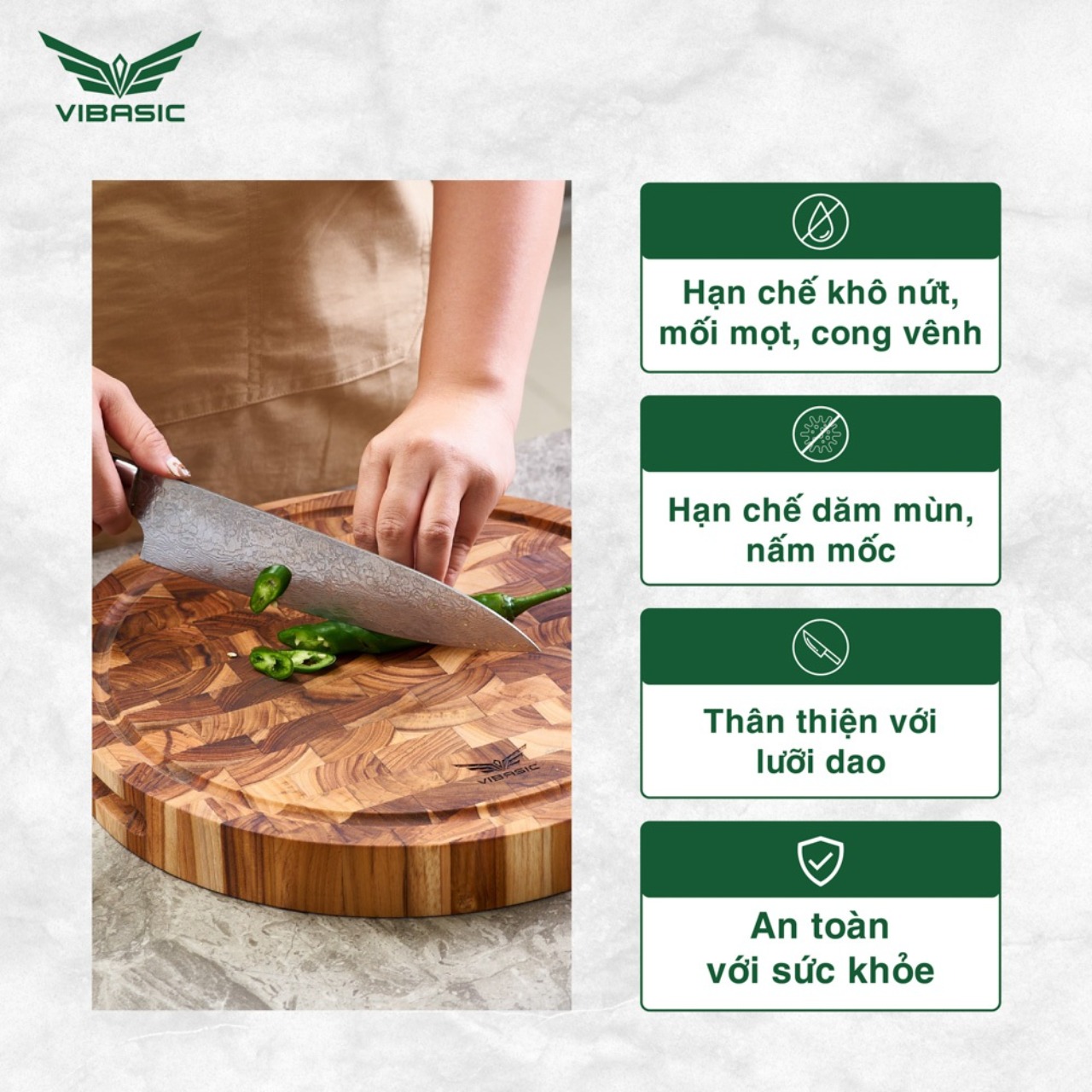 Thớt Chặt Gỗ Teak Vibasic ghép dựng block, kích thước 320x38mm, thớt tròn - Hàng chính hãng Bộ Quốc Phòng