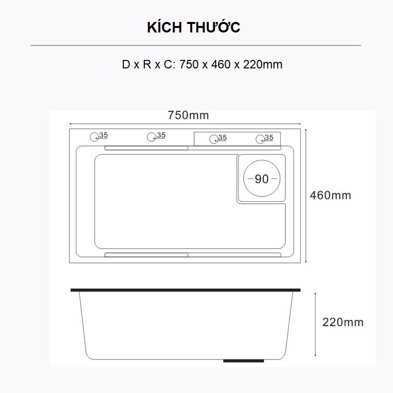 Chậu rửa chén 1 hố màu đen bằng thép không gỉ có thác nước và bảng hiển thị nhiệt độ