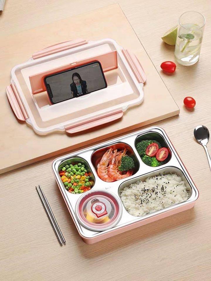 Khay Đựng Cơm Văn Phòng Inox 5 Ngăn Cao Cấp Có Nắp Đậy + Tặng Kèm Bộ Đũa Thìa Và Bát Sứ - Hàng Loại 1