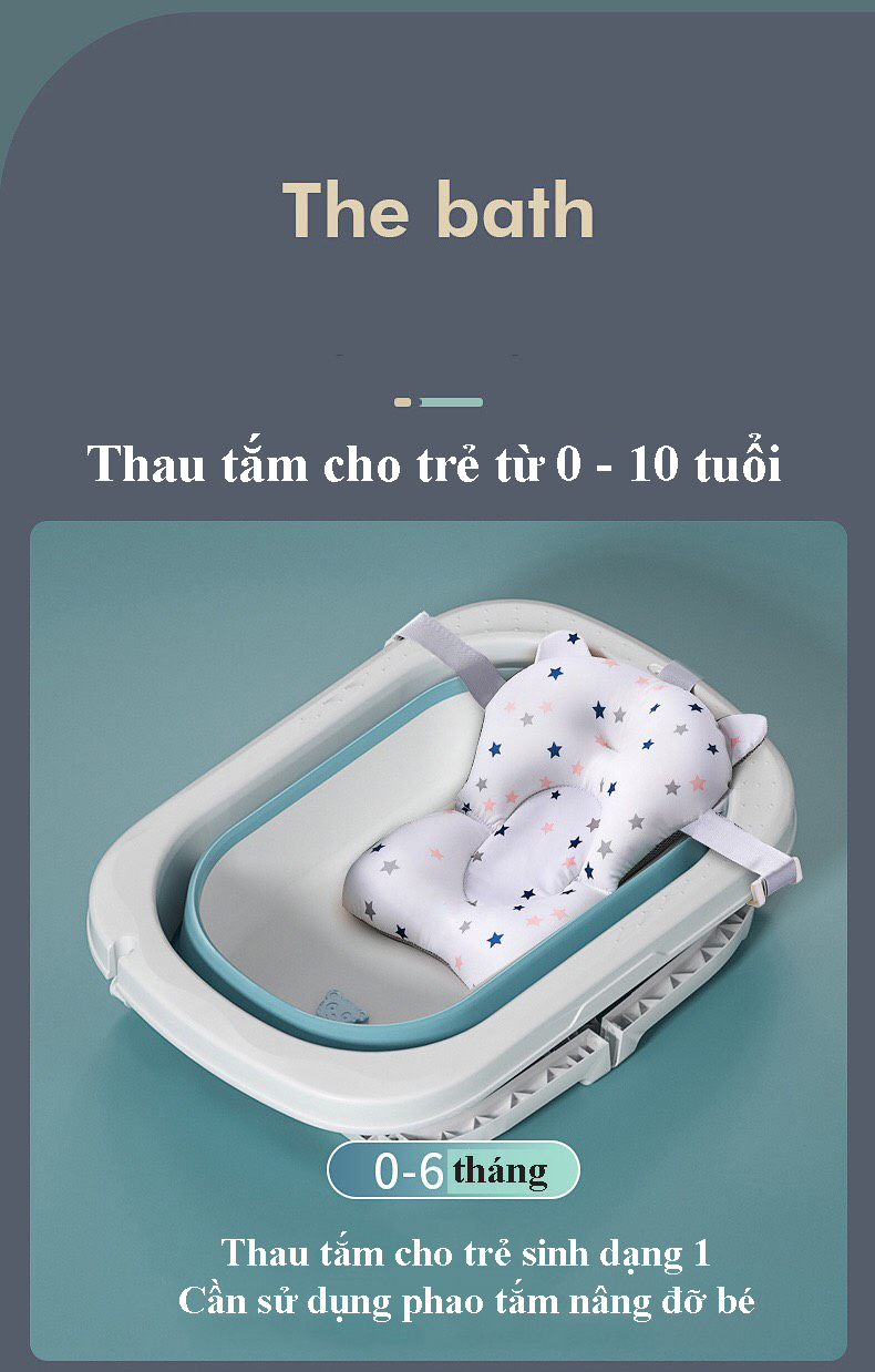 Thau tắm, bồn tắm, chậu tắm cho bé gấp gọn từ 0-10 tuổi, có 2 nấc, có rãnh cắm vòi sen tiện lợi cho bé (loại lớn dày)