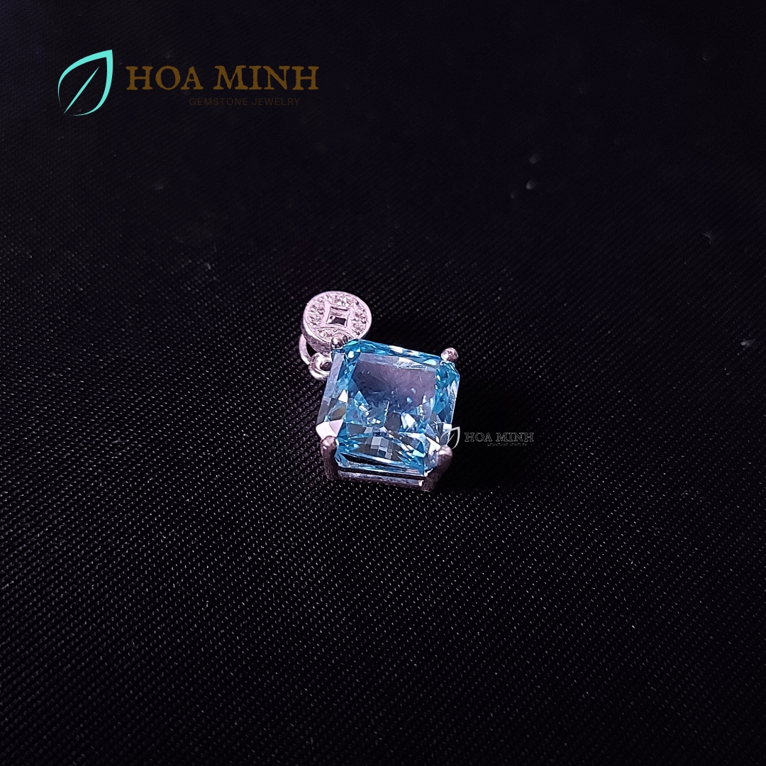Mặt dây chuyền xoàn Nam Phi xanh biển aqua vuông size 10 li khoen kim tiền bạc nguyên chất