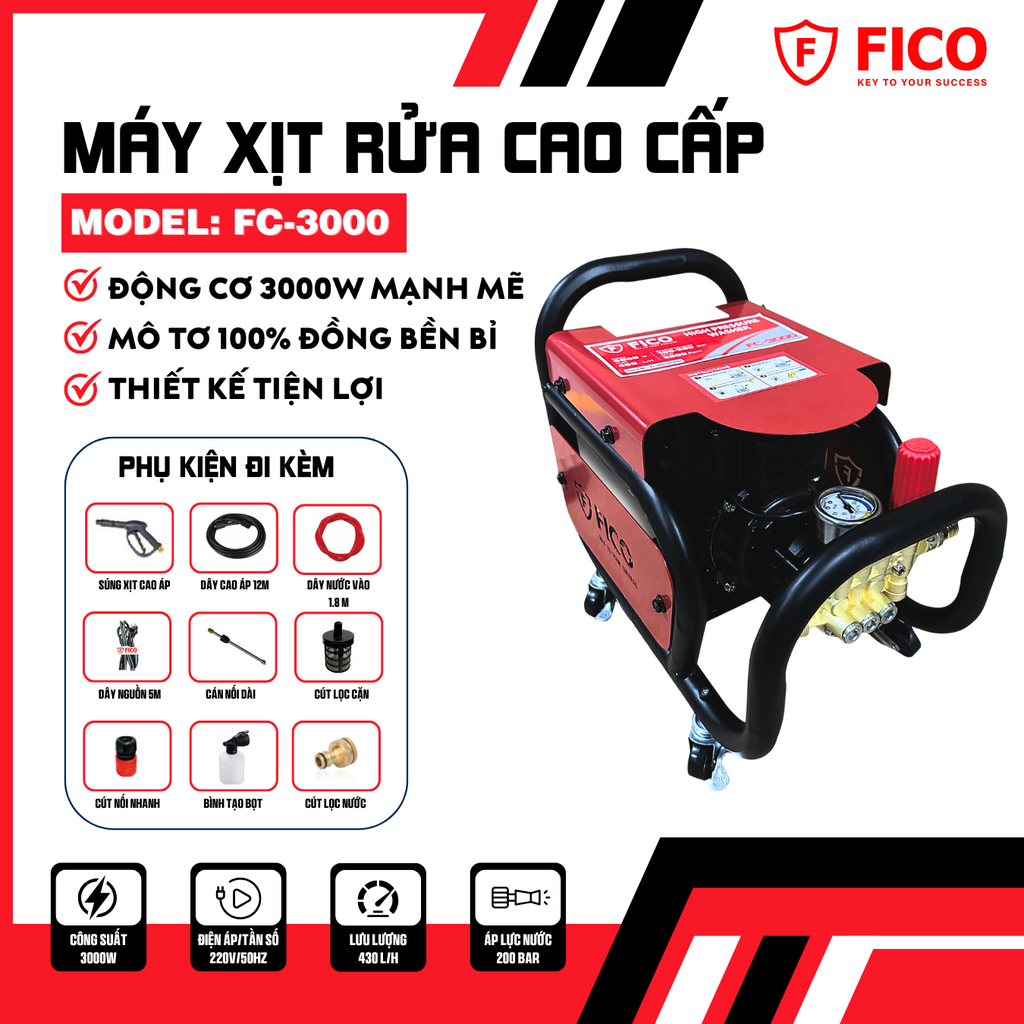 MÁY XỊT RỬA CAO ÁP 3000W 200BAR FC-3000 FICO - HÀNG CHÍNH HÃNG
