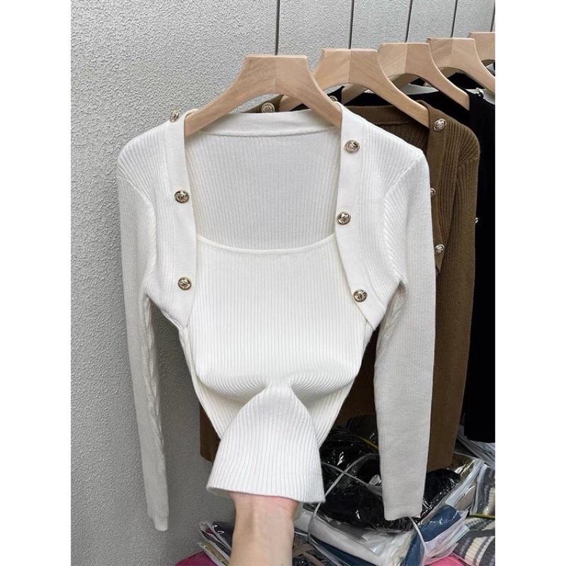 Áo len gân cổ vuông khuy đồng vạt bầu hàng QC hot