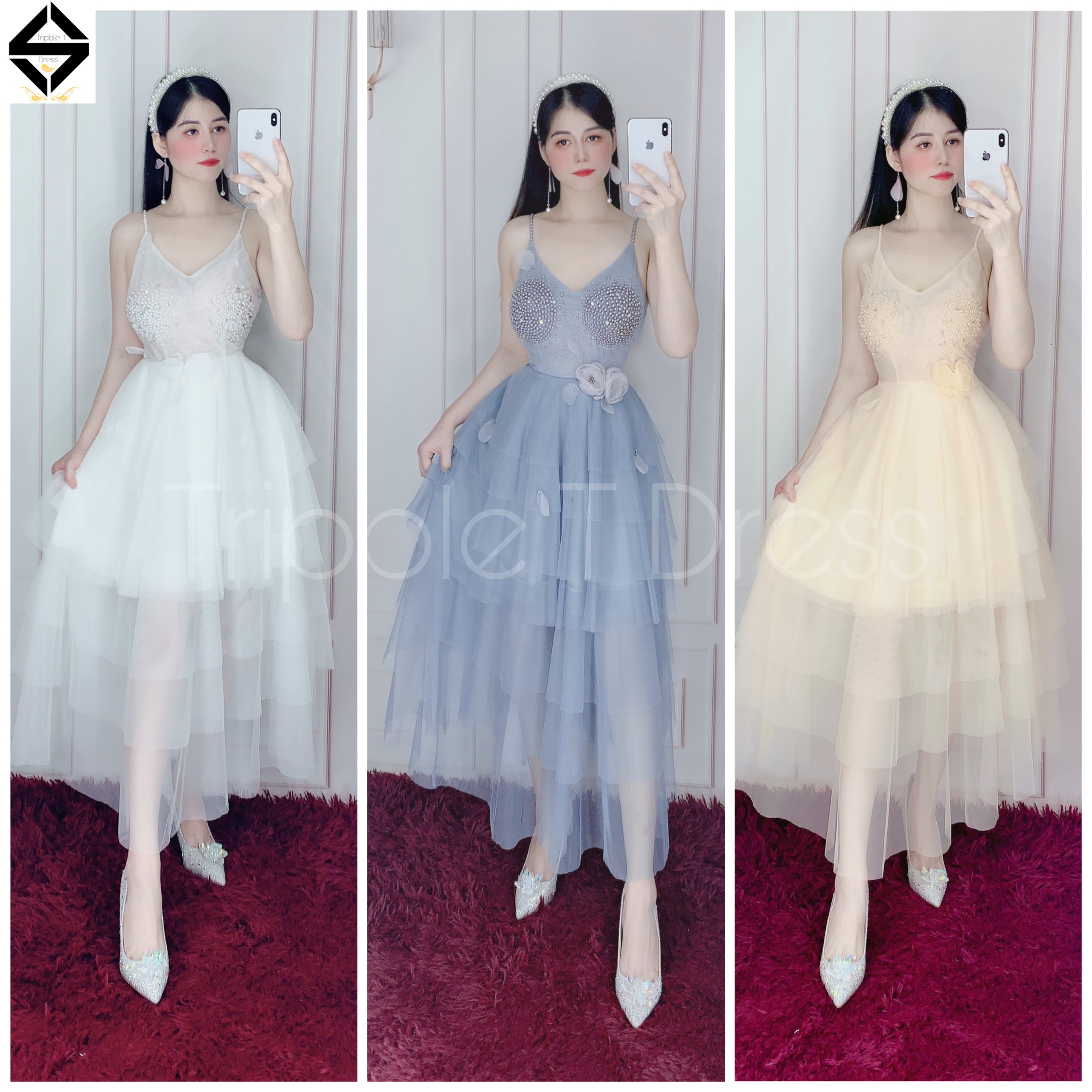 Đầm dự tiệc công chúa 2 dây xếp tầng kết cườm ngọc TRIPBLE T DRESS - size M/L - MS88Y