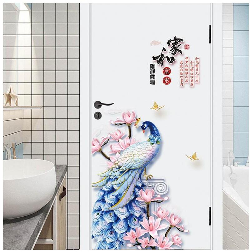 Decal dán tường Chim công xanh và hoa 3D