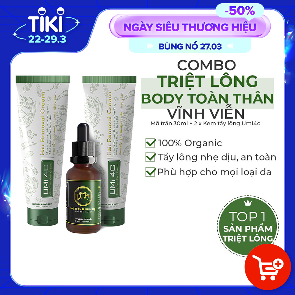 COMBO TẨY TRIỆT LÔNG BODY TOÀN THÂN VĨNH VIỄN UMISKIN tại nhà | Mỡ trăn triệt lông vĩnh viễn U Minh Hạ (30ml) &amp; 2 hộp Kem tẩy lông Umi 4C (100ml x2) an toàn cho da nhạy cảm