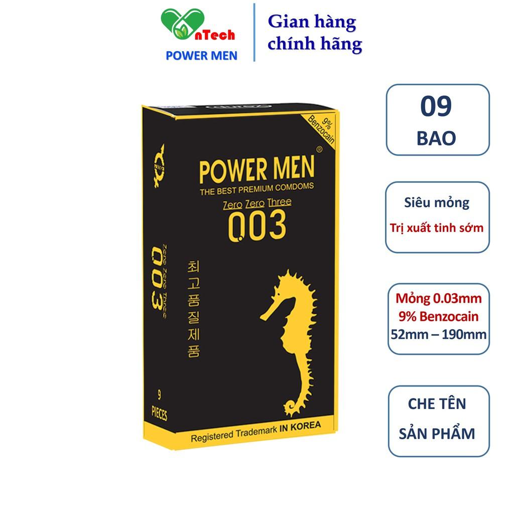 Bao cao su POWER MEN 0.03 siêu mỏng trơn siêu kéo dài thời gian chứa 9% Benzocain hạn chế xuất tinh sớm hộp 12 cái