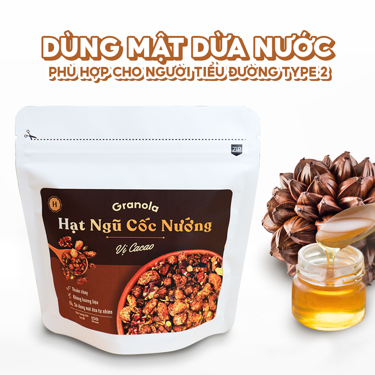 Granola nướng giòn tan - Vị Cacao túi 150g - Dùng mật dừa nước, 0 trái cây sấy, GI thấp - Hạt ngũ cốc giảm cân - HeydayCacao