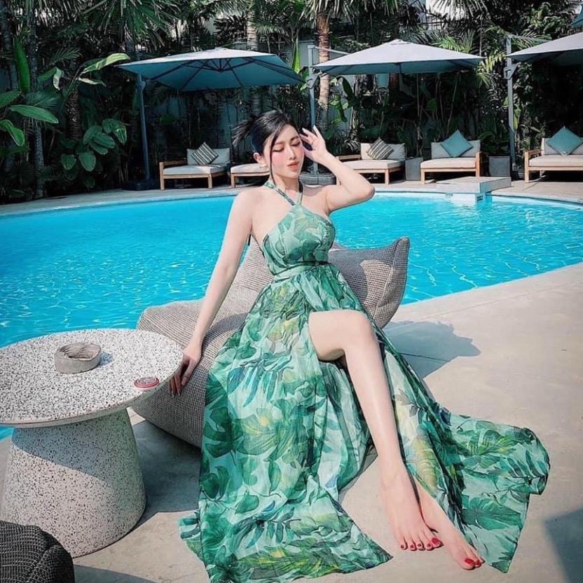 Đầm váy maxi cổ yếm voan lụa mút ngực vàng xanh đan lưng hở lưng xẻ đùi đi biển dự tiệc dạo phố bigsize gợi cảm sexy