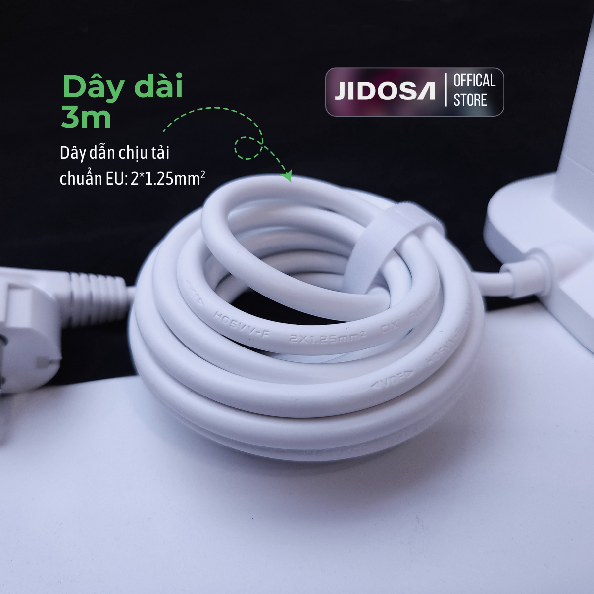 Ổ cắm điện tháp vuông đa năng thông minh JIDOSA JDT814T 8 Ổ cắm tải 3000W USB - Type C dây dài 3m