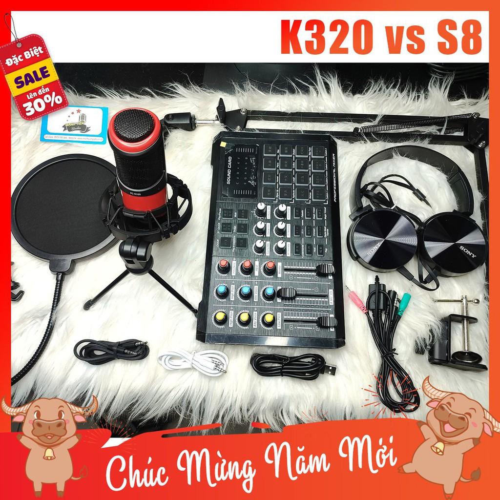 trọn bộ combo micro K320 + sound card S8 + full phụ kiện livestream karaoke thu âm xịn sò bh 12th
