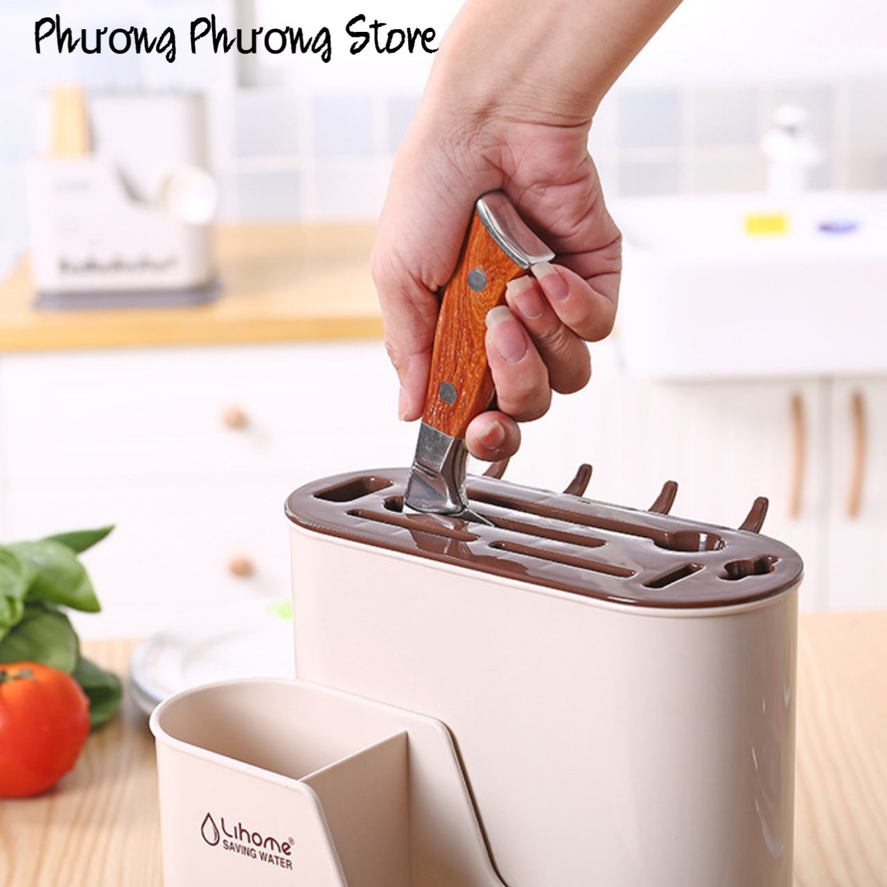 Ống Đựng Đũa Thìa Có Móc Treo Kèm Khay Cắm Dao Kéo Nhựa VN - Tặng 1 móc dán tường to