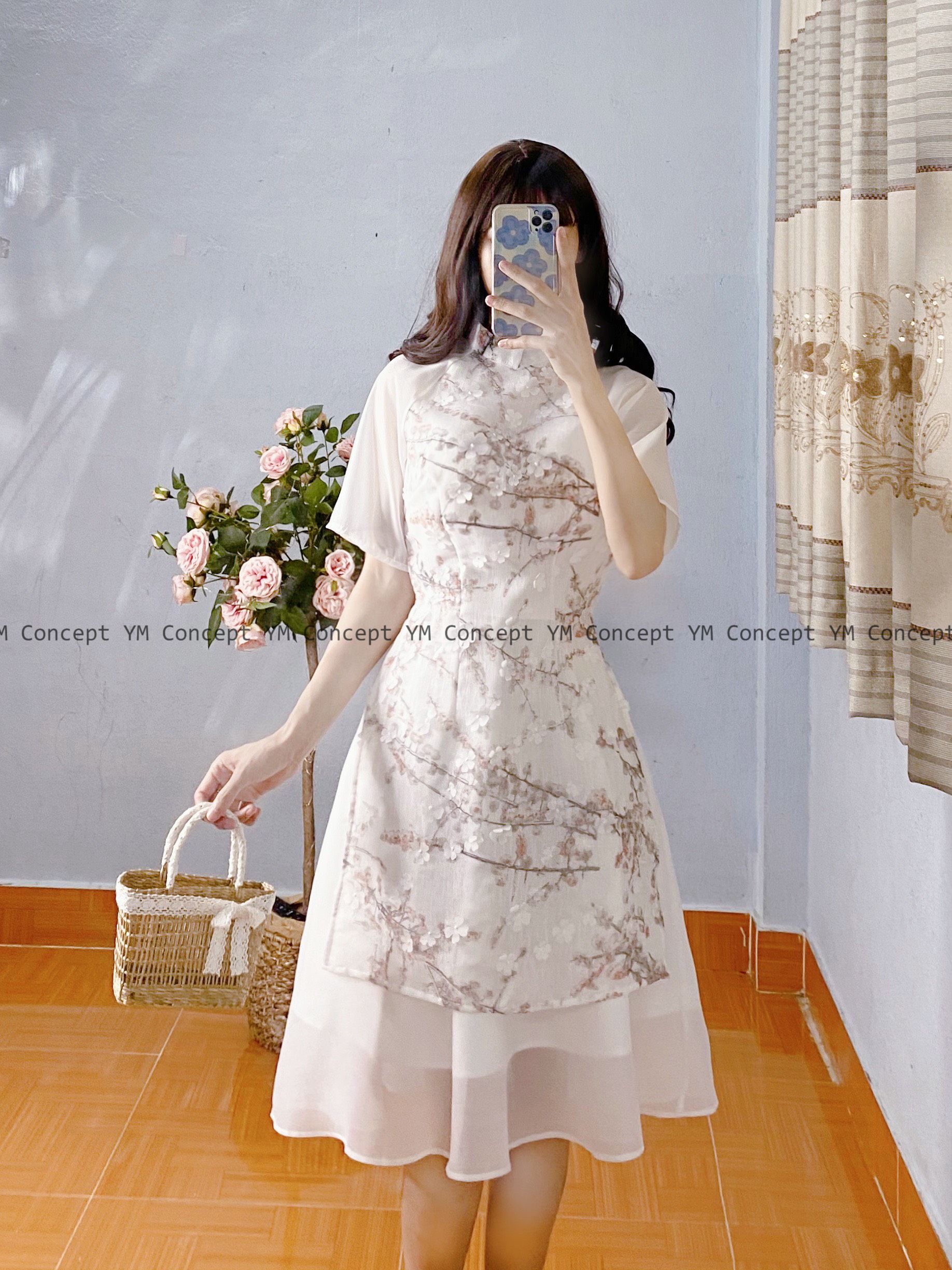 Sét áo dài hoa nổi phối voan tay lửng - D0099