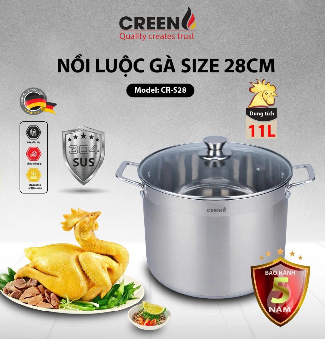 Nồi Luộc Gà inox304 28cm CREEN CR-S28 Đáy Từ 5 Lớp Công Nghệ Đức Bảo Hành 5 Năm - Hàng Chính Hãng