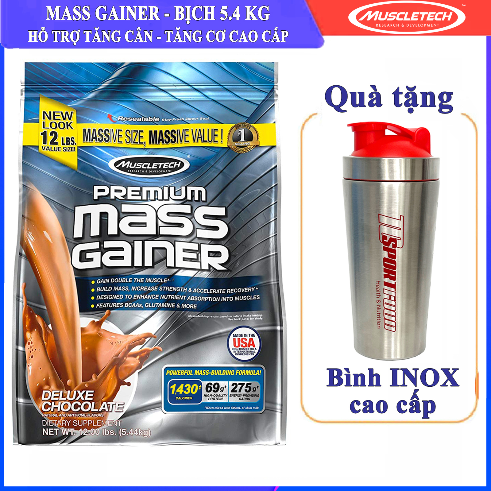 Combo Sữa tăng cân tăng cơ Premium Mass Gainer của Muscle Tech hương Chocolate bịch 5.4 kg hỗ trợ tăng cân tăng cơ nhanh cho người gầy, kén ăn, khó tăng cân, hấp thụ thức ăn tự nhiên kém &amp; Bình INOX 739 ml (Màu Ngẫu Nhiên)