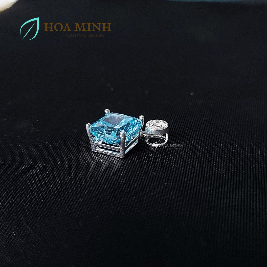 Mặt dây chuyền xoàn Nam Phi xanh biển aqua vuông size 10 li khoen kim tiền bạc nguyên chất