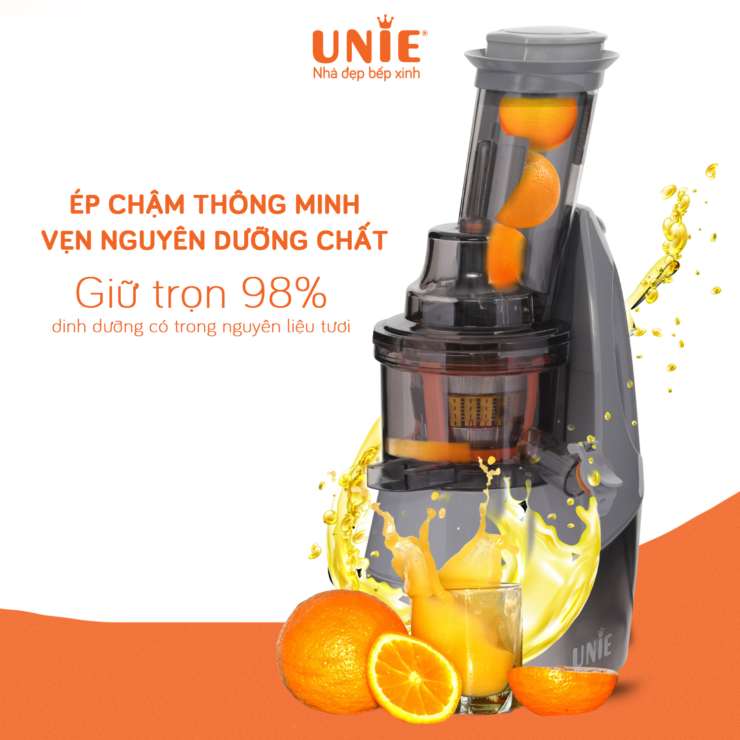 Máy Ép Trái Cây, Máy Ép Chậm UNIE UE-580 Tiêu Chuẩn Đức, Ép Kiệt Bã 99% Không Kẹt Máy Dung Tích 250 ML Công Suất 240 W - Hàng Chính Hãng