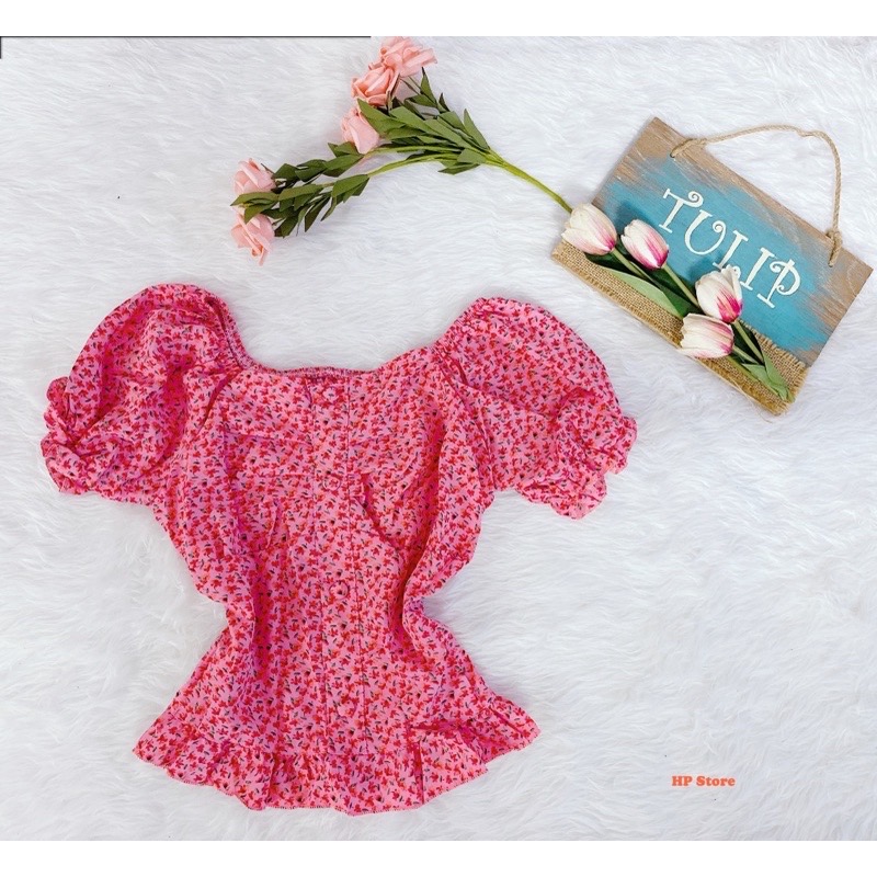 Áo Hoa Nhí Đủ Màu Đính Nút Tay Phồng Xếp Ly Tiểu Thư Áo Nữ Thun Sau Co Giãn Chất Lụa Thái