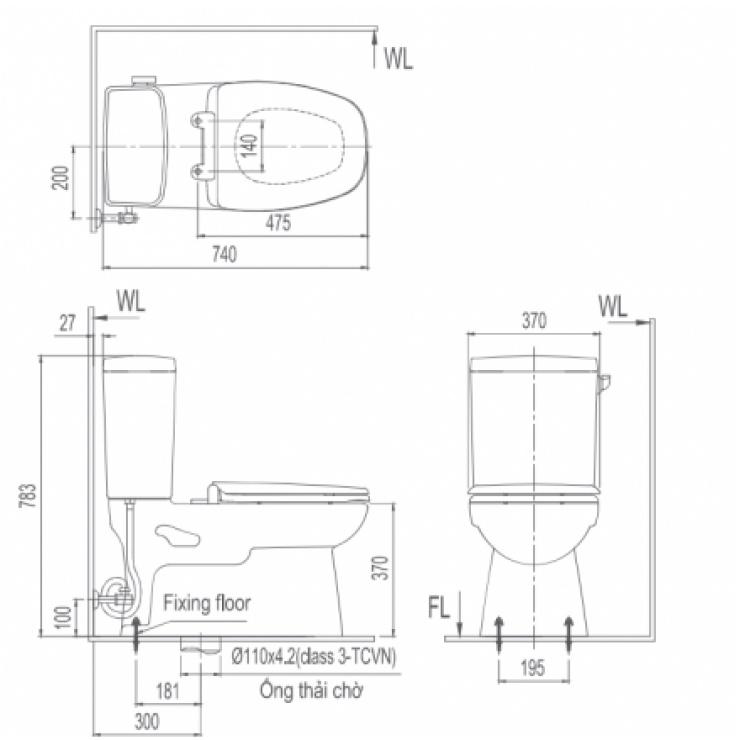 Bàn cầu 2 khối AC-838VN Chế độ xả gạt với 1 mức nước siêu tiết kiệm - Vật liệu xây dựng Big H