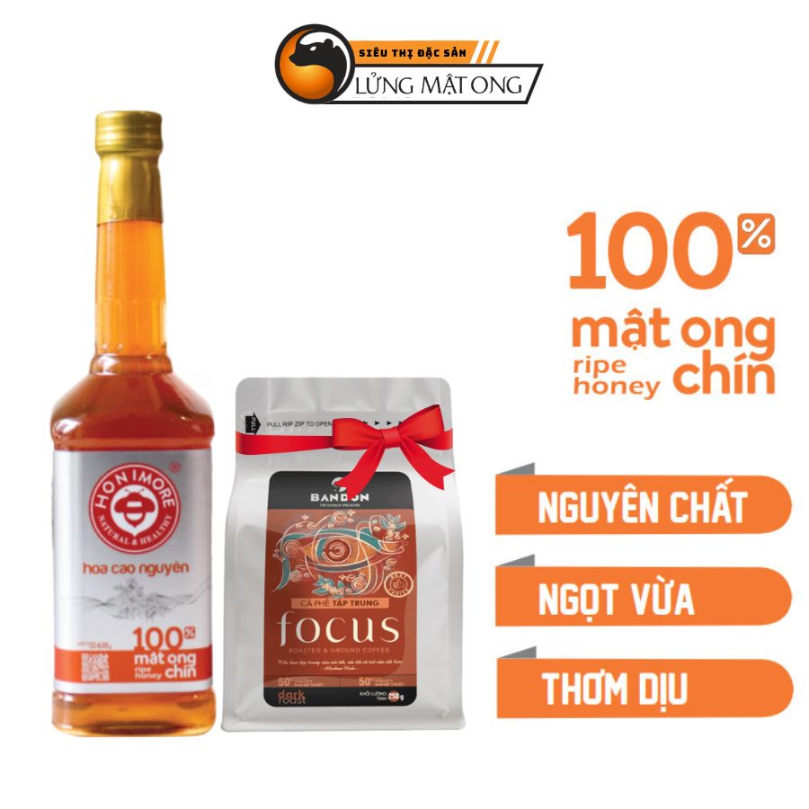 Combo Mật ong chín Honimore Hoa Cao Nguyên 630g + Cà phê rang xay nguyên chất mộc sạch Bandon Focus
