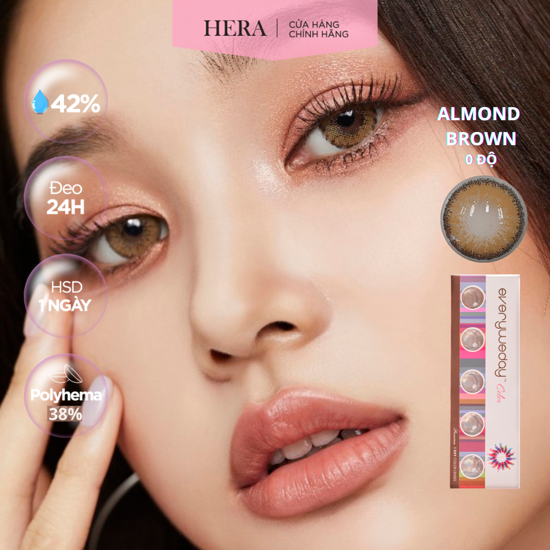 Kính Áp Tròng Hera Nâu Tây Sáng Không Độ ALMOND BROWN Nhập Khẩu Hàn Quốc Lens Không Cận 1 Ngày