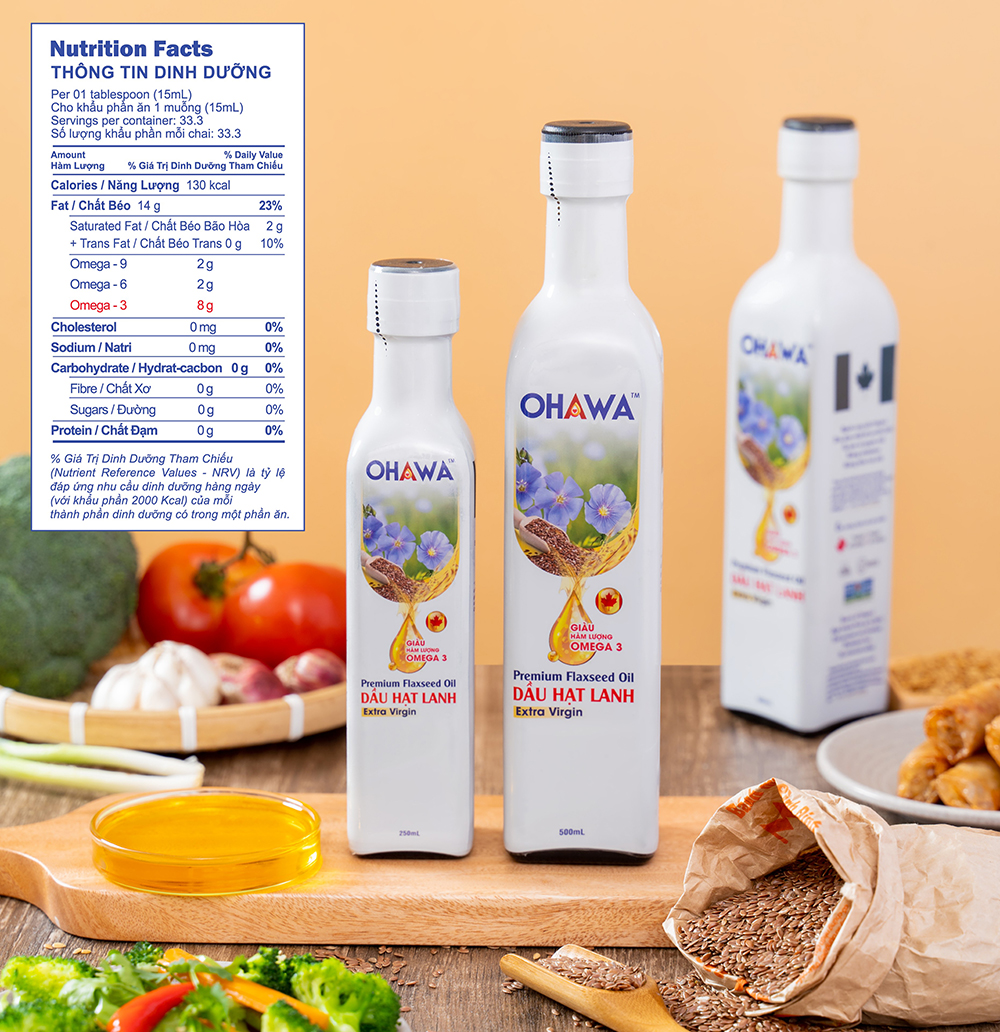 ( Date T11/25) Dầu hạt lanh ép lạnh bền nhiệt OHAWA - Nhập khẩu từ Canada - Giàu Omega 3 - Hữu cơ - Lành mạnh - Phù hợp Eat Clean, Trộn salad - Cho bé ăn dặm - Chai 500ml