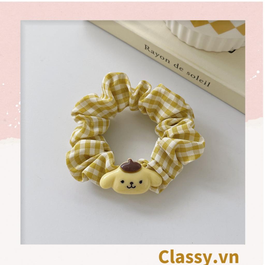 Dây cột tóc Classy scrunchies bằng vải kẻ sọc, đính họa tiết hoạt hình cún, gấu mix hàn quốc dành cho nữ PK1653