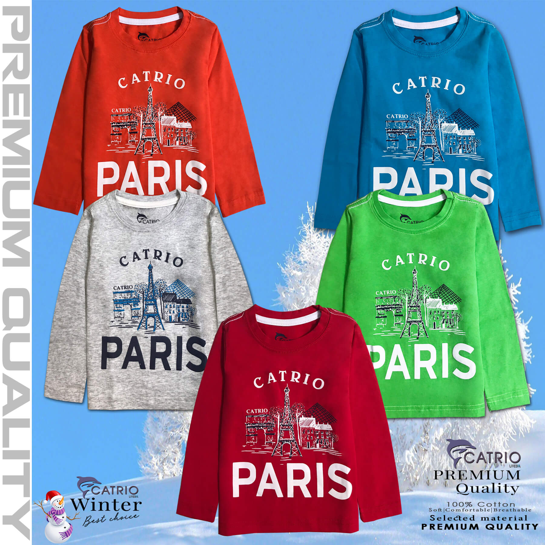 ÁO THUN DÀI TAY BÉ TRAI CATRIO in PARIS màu CAM là áo phông tay dài trẻ em từ 8kg 10kg 12 kg .. 30kg cổ tròn vải dệt kim co giãn 4 chiều + quần dài cotton thành bộ đồ thu đông cho bé rất đẹp