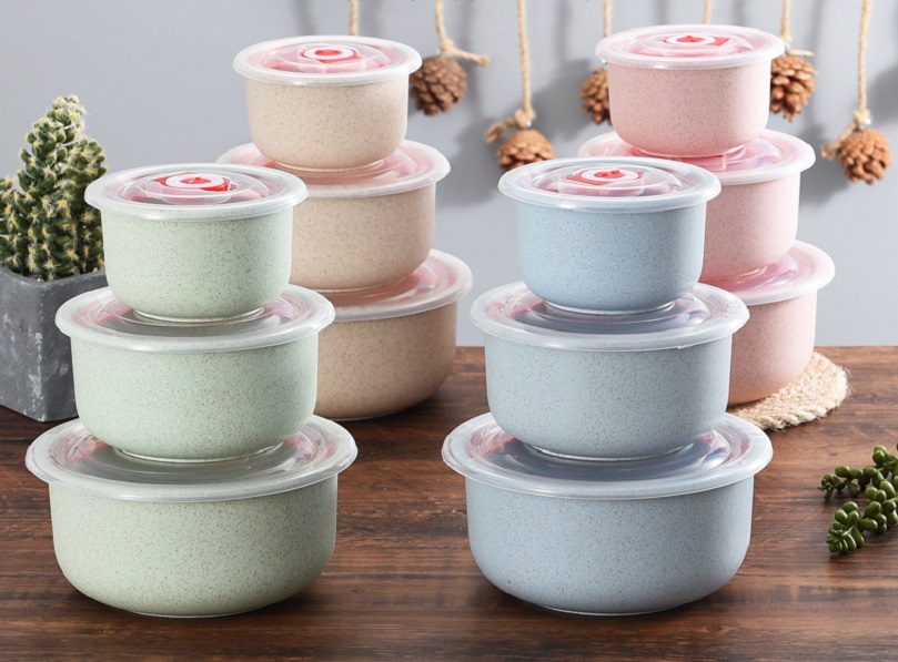 Bộ 3 hộp cơm tròn chất liệu nhựa lúa mạch có nắp có thể dùng cho lò vi sóng
