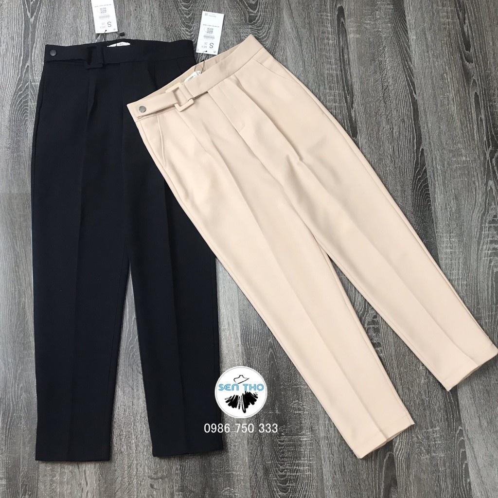 Quần Baggy Nữ Đai Vải Vuông ,Quần Công Sở Màu Đen Be