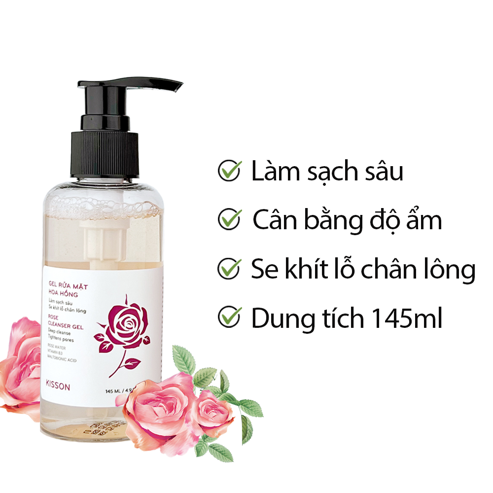 Gel rửa mặt hoa hồng KISS ON sạch sâu, cấp ẩm, thu nhỏ lỗ chân lông, nuôi dưỡng làn da mịn màng, sáng khỏe 145ml JN-KI-GEL01