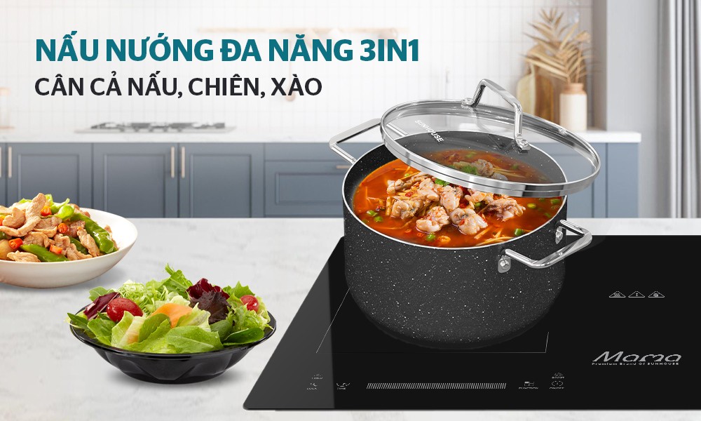 Bộ 3 nồi chống dính siêu bền đá đáy từ Sunhouse SHG7878MB 16-20-24cm dùng trên mọi loại bếp model mới 2023