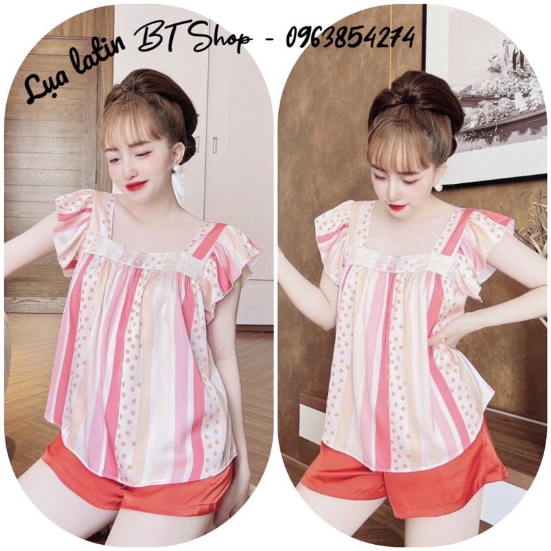 Đồ ngủ mặc nhà lụa latin cổ vuông hoạ tiết quần đùi freesize 42-57kg