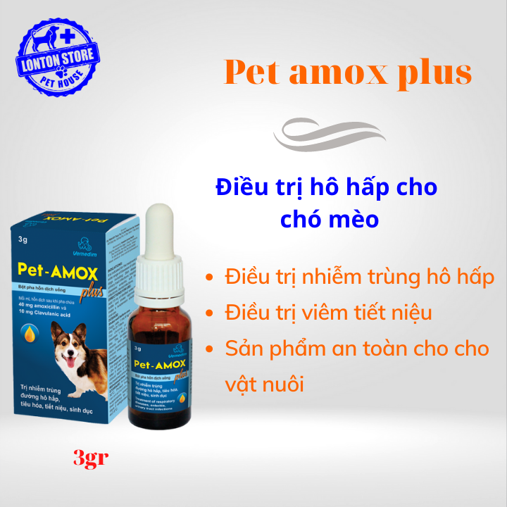 Dung Dịch Pet Amox Plus - Điều trị Tiêu Chảy, Hô Hấp, Tiết Niêu Cho Chó Mèo, 3gr