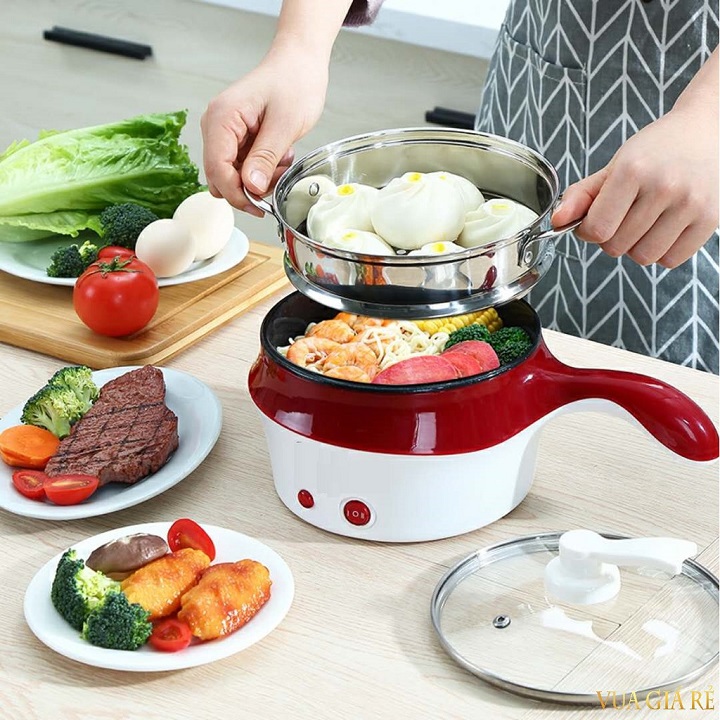 Ca Nấu Mì, Nồi Nấu Lẩu Đa Năng Siêu Tốc Hàng chính hãng/nhập Khẩu Electric Cooking Pot 18cm, Lồng chống dính, khay hấp Inox, Có Tay Cầm Tiện Dụng