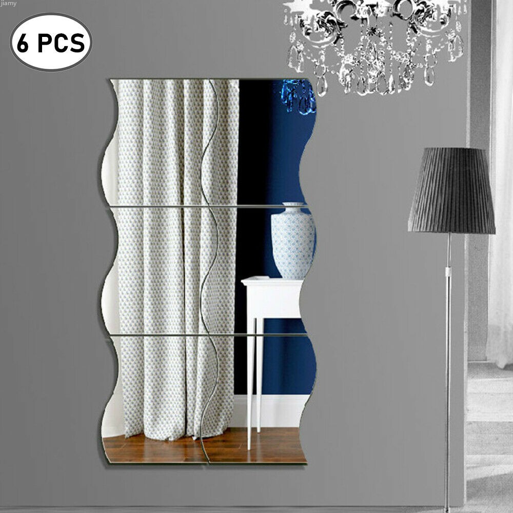 Bộ 6 miếng ghép gương dán tường hình lượn sóng thiết kế sang trọng, trang trí