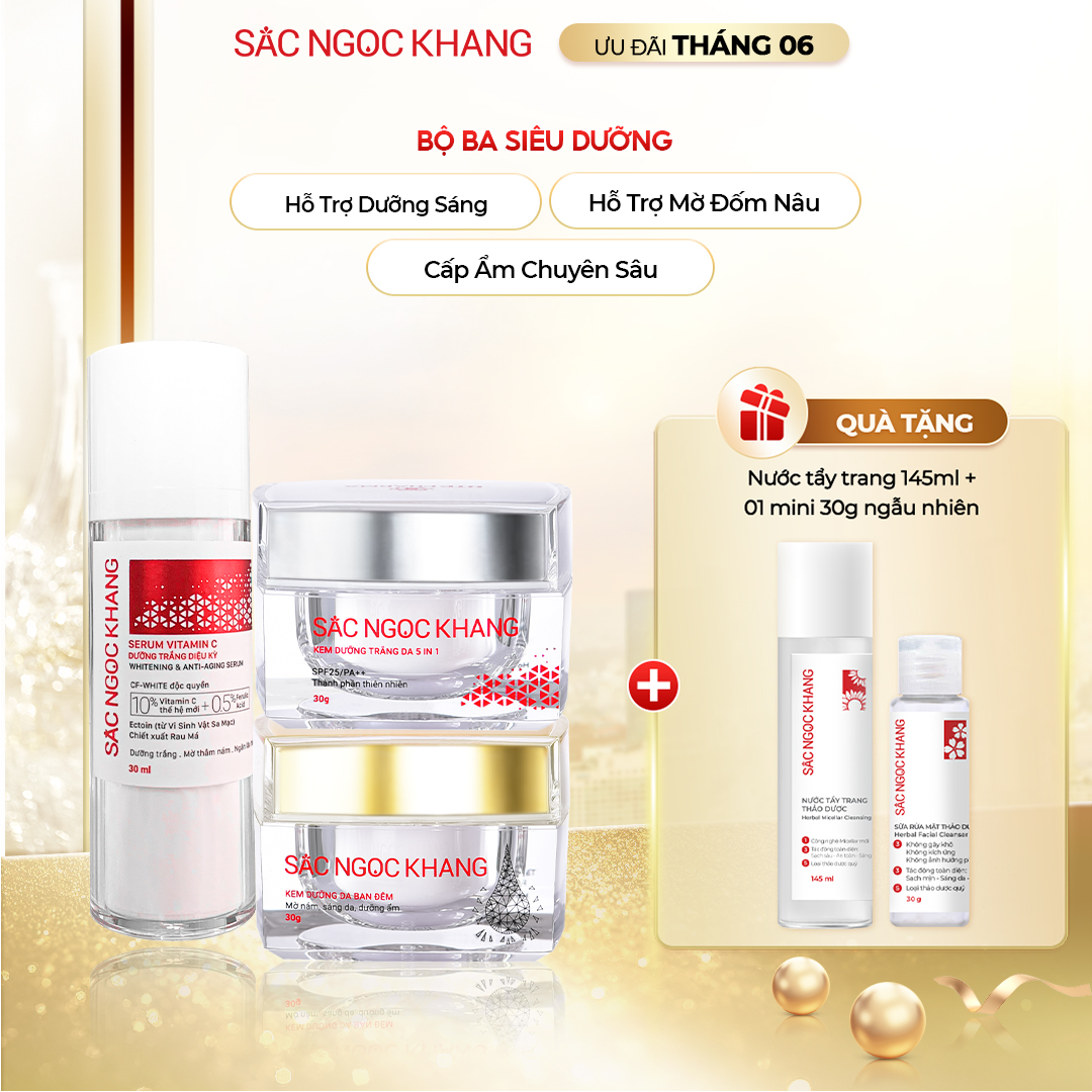 COMBO dưỡng da chuyên sâu kem dưỡng ban đêm 30g + kem dưỡng ban ngày 5 in 1 30g + Serum dưỡng trắng 30ml cho tác dụng nhanh mạnh, toàn diện