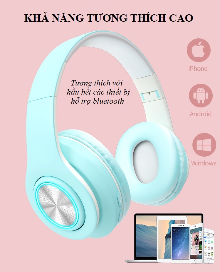 Tai nghe chụp tai Bluetooth 5.0 Iboom Macaron Hỗ Trợ Thẻ Nhớ, Dây 3.5mm, Đài FM - Hàng Nhập Khẩu