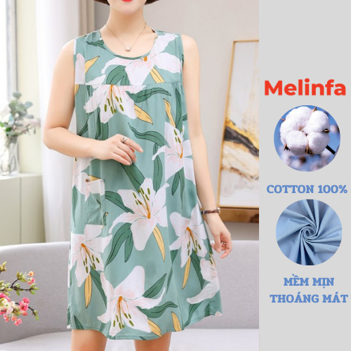 Váy ngủ ba lỗ nữ, đầm ngủ ba lỗ họa tiết nhiệt đới chất vải cotton lanh thoáng mát nhiều màu mã VAV0177