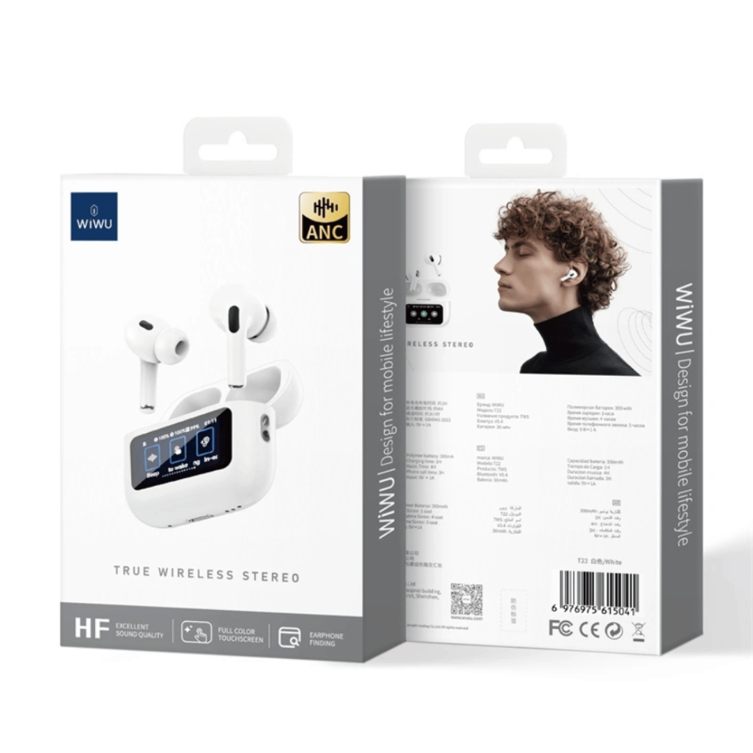 Tai nghe không dây TWS chống ồn chủ động ANC màn hình cảm ưng TFT hiệu WIWU T22 - Trang bị bluetooth v5.4, cảm biến chạm - Hàng nhập khẩu
