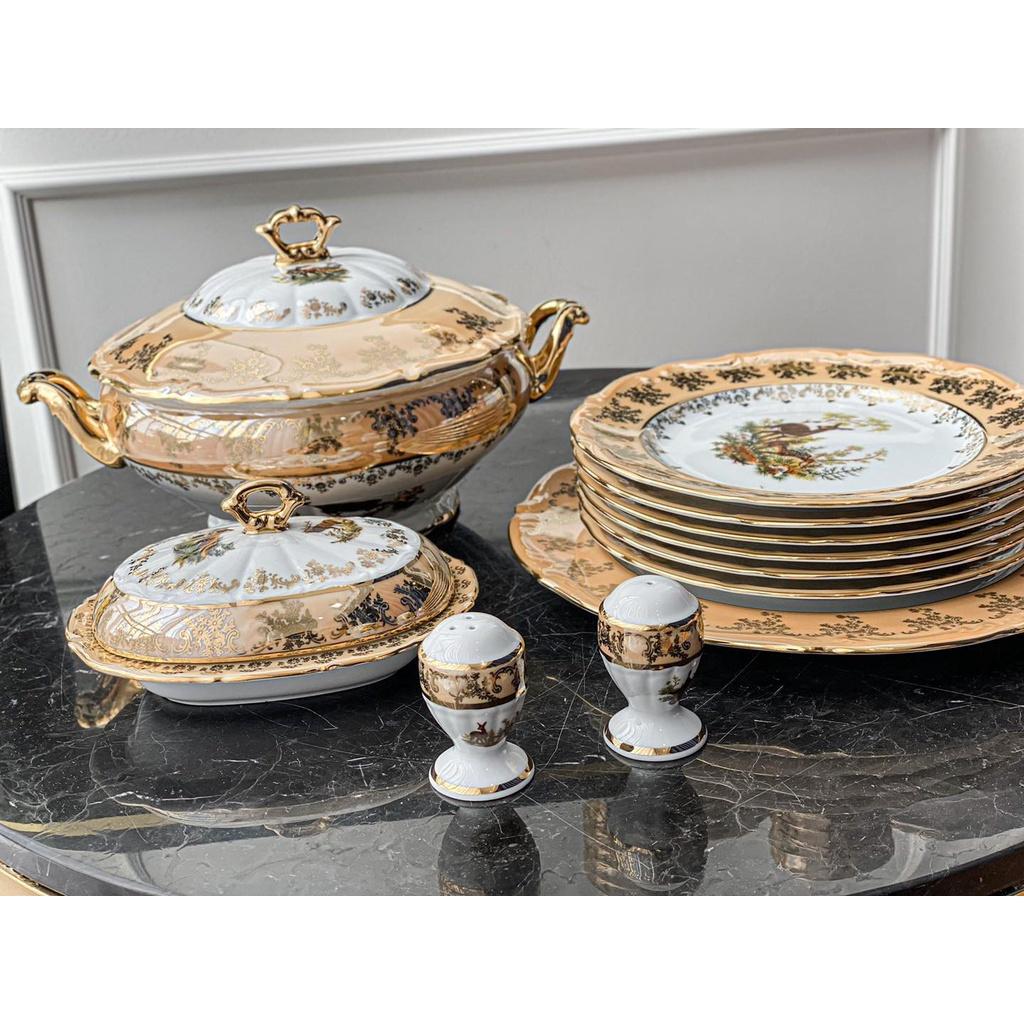 Bộ Đồ Ăn Mạ Vàng Tiệp, Set Bộ Bát Đĩa 48 Món Mạ Vàng Siêu Sang, Gốm Sứ Cao Câp, Made in Czech Republic