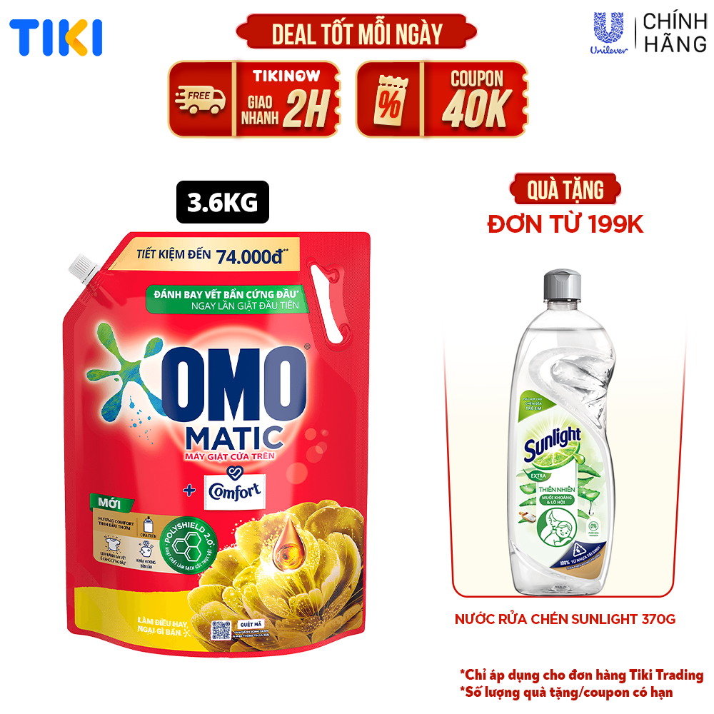 TúI Nước Giặt Omo Matic Comfort Cho Máy Giặt Cửa Trên Hương Tinh Dầu Thơm Xoáy Bay Vết Bẩn, Hương Thơm Bền Lâu 3.6Kg