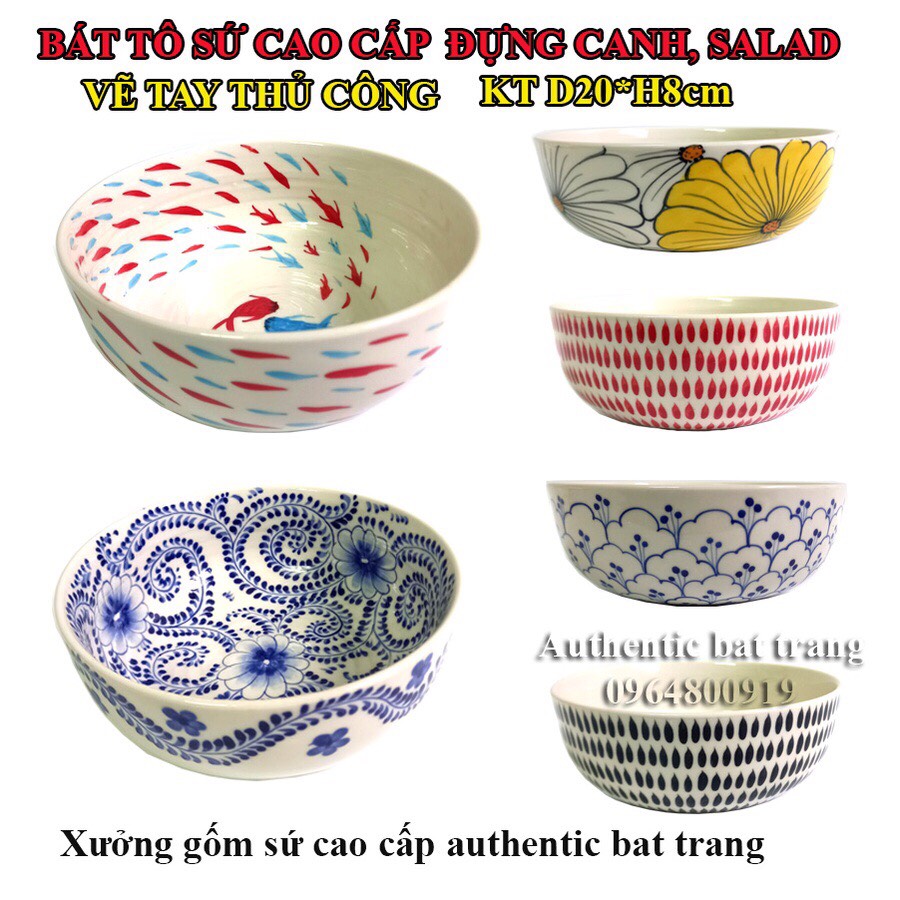 Bát tô sứ đựng canh, salad CAO CẤP vẽ thủ công - Kích thước D20cmH8cm