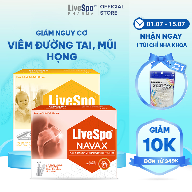 Combo Hộp nước muối sinh lý bào tử lợi khuẩn LiveSpo Navax Kids 5 ống x 5ml và Hộp Livespo Navax chuyên dụng 4 ống x 5ml