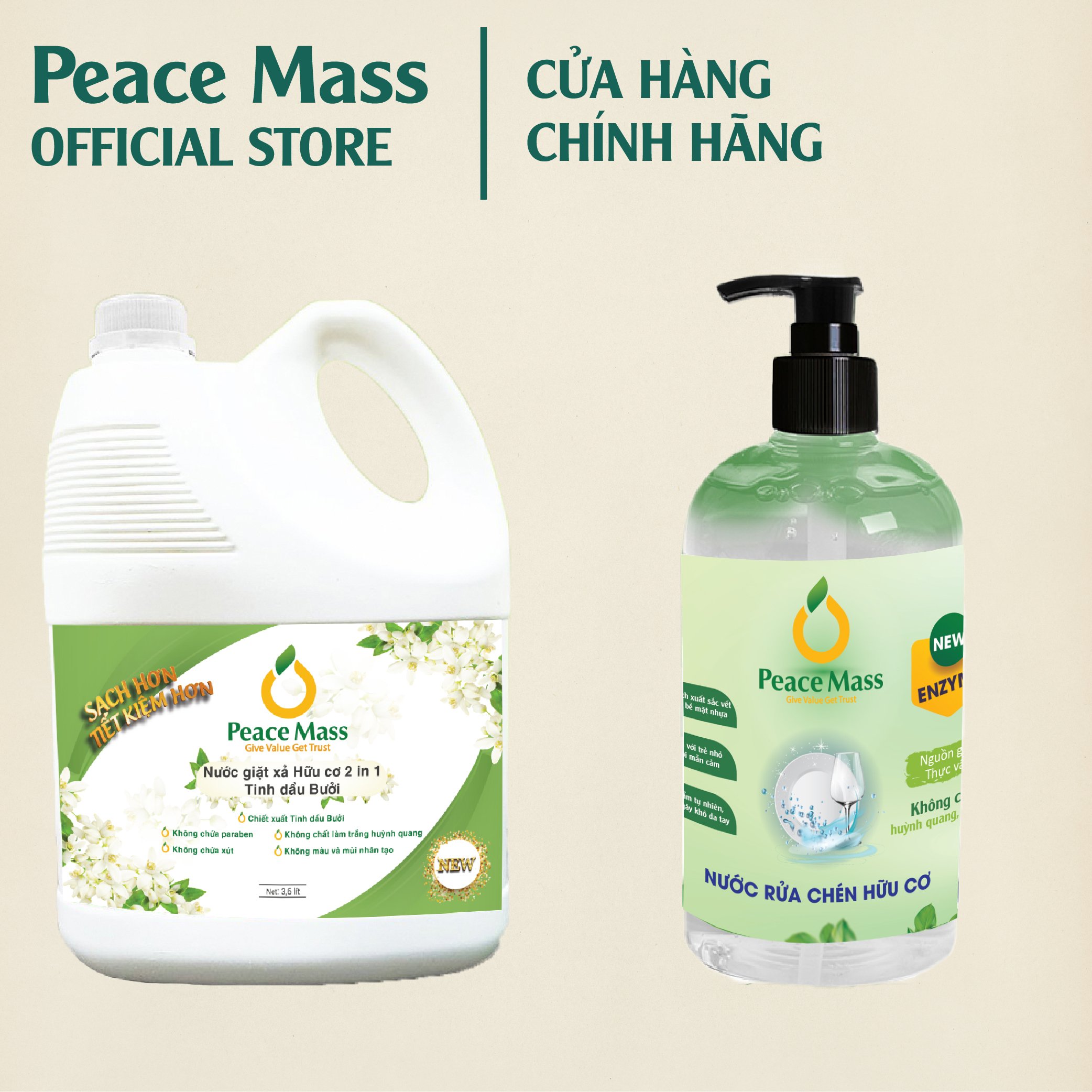 Combo Gốc Thực Vật NGB1 Peace Mass Nước Giặt Xả 2 in 1 3.6 lít + Nước Rửa Chén 500ml (Thuộc nhóm Sản phẩm Lành tính / Sinh học)