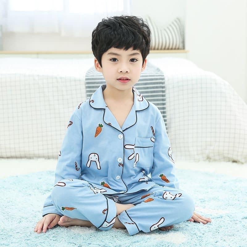 Bộ pizama bé gái bé trai hình thỏ xinh chất thun cotton xinh mát ấm áp mùa mưa