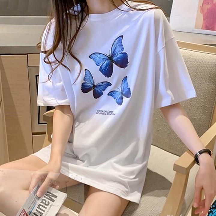 Áo Thun Nữ Unisex Tay Lỡ Màu Đen Hình Con Bướm Xanh ATN6149